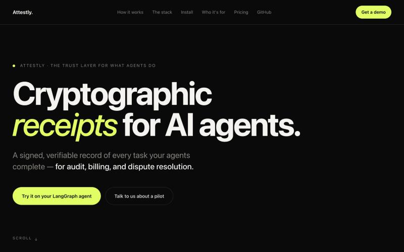 Attestly website: cryptographic receipts for AI agents